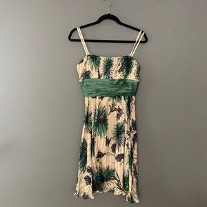 Strapless chiffon BCBG dress w/ blue-green print